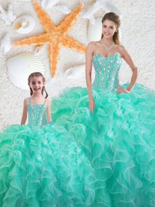 Luxurious Turquoise Organza Lace Up Sweetheart Sleeveless Floor Length Sweet 16 Dresses Beading and Ruffles