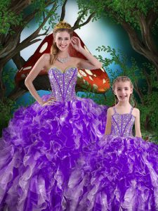 Eggplant Purple Sleeveless Floor Length Beading and Ruffles Lace Up Sweet 16 Quinceanera Dress