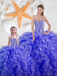 Hot Selling Blue Organza Lace Up Sweetheart Sleeveless Floor Length 15th Birthday Dress Beading and Ruffles