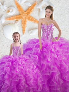 Fabulous Sleeveless Floor Length Beading and Ruffles Lace Up Sweet 16 Quinceanera Dress with Fuchsia