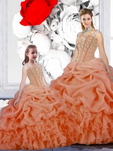 Pretty Orange Ball Gowns Organza Straps Sleeveless Beading and Ruffles and Pick Ups Floor Length Lace Up Sweet 16 Dresses