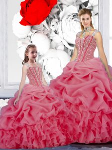 Straps Sleeveless Organza Floor Length Lace Up 15 Quinceanera Dress in Rose Pink with Beading and Ruffles and Pick Ups