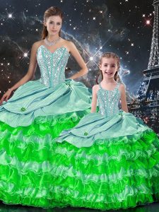 Flirting Sleeveless Organza Floor Length Lace Up Sweet 16 Dresses in Multi-color with Beading and Ruffles