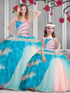 Sleeveless Floor Length Beading and Ruching Lace Up Quinceanera Gown with Multi-color