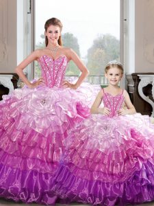 Dramatic Hot Pink Ball Gowns Beading and Ruffles Sweet 16 Dress Lace Up Organza Sleeveless Floor Length