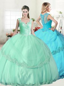 High End Straps Tulle Sleeveless Floor Length Sweet 16 Dress and Beading and Lace and Appliques