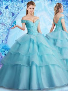 Off the Shoulder Aqua Blue Sleeveless Brush Train Beading and Ruffled Layers With Train Quinceanera Dress