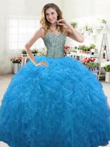Tulle Sweetheart Sleeveless Lace Up Beading and Ruffles 15 Quinceanera Dress in Baby Blue