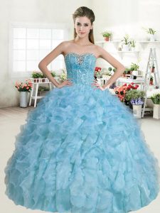 Exquisite Baby Blue Sleeveless Floor Length Beading and Ruffles Lace Up Quinceanera Dress