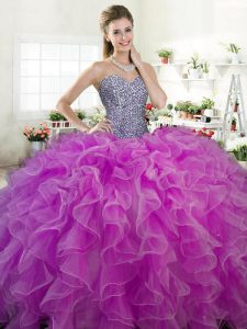 Fine Fuchsia Sleeveless Organza Lace Up 15 Quinceanera Dress for Military Ball and Sweet 16 and Quinceanera