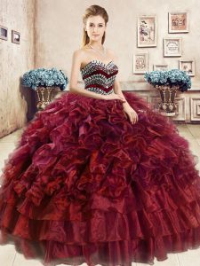 Best Selling Sweetheart Sleeveless Lace Up Sweet 16 Dresses Wine Red Organza