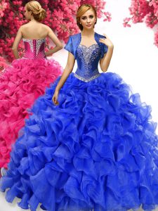 Gorgeous Sleeveless Organza With Train Sweep Train Lace Up 15 Quinceanera Dress in Royal Blue with Beading and Ruffles