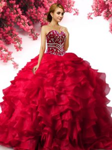 Red Organza Lace Up Ball Gown Prom Dress Sleeveless Floor Length Beading and Ruffles