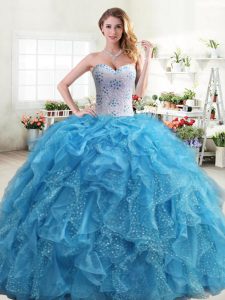 Comfortable Organza Sweetheart Sleeveless Lace Up Beading and Ruffles Ball Gown Prom Dress in Baby Blue