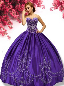 Purple Sleeveless Floor Length Embroidery Lace Up Ball Gown Prom Dress