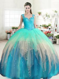 Straps Floor Length Zipper Quinceanera Dress Multi-color for Military Ball and Sweet 16 and Quinceanera with Beading and Ruffled Layers
