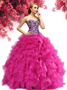 Stylish Sweetheart Sleeveless Quince Ball Gowns Floor Length Beading and Ruffles Hot Pink Organza