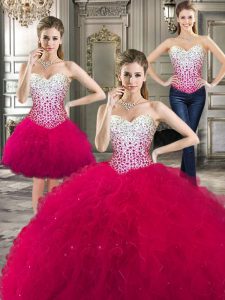 Traditional Three Piece Hot Pink Ball Gowns Sweetheart Sleeveless Tulle Floor Length Lace Up Beading and Ruffles Quince Ball Gowns