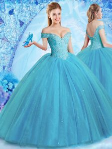 Off the Shoulder Teal Sleeveless Tulle Brush Train Lace Up Quinceanera Gown for Military Ball and Sweet 16 and Quinceanera