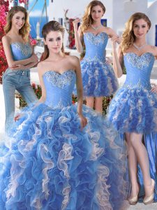 Sexy Four Piece Sweetheart Sleeveless Lace Up Quinceanera Dress Blue And White Organza