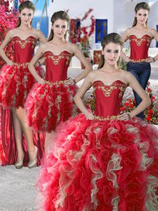 Four Piece Red Organza Lace Up Quinceanera Gowns Sleeveless Floor Length Beading