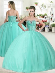 Fitting Apple Green Tulle Lace Up Sweetheart Sleeveless Floor Length 15 Quinceanera Dress Beading