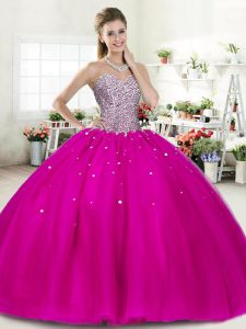Glittering Tulle Sweetheart Sleeveless Lace Up Beading Quinceanera Gowns in Fuchsia