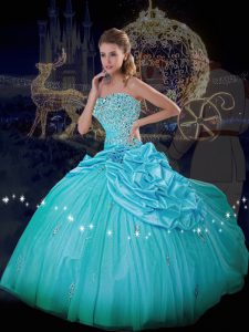 Customized Blue Taffeta and Tulle Lace Up Strapless Sleeveless Floor Length Ball Gown Prom Dress Beading and Pick Ups