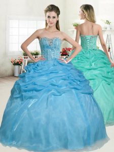 Beautiful Baby Blue Ball Gowns Organza Sweetheart Sleeveless Beading and Pick Ups Floor Length Lace Up Quinceanera Dress