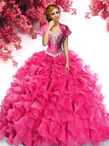 Hot Pink Sweetheart Neckline Beading and Ruffles Vestidos de Quinceanera Sleeveless Lace Up