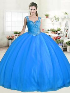 Straps Blue Zipper 15th Birthday Dress Beading Sleeveless Floor Length