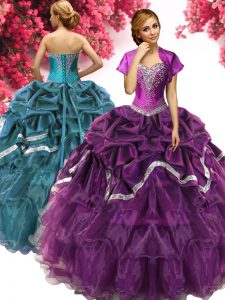 Affordable Dark Purple Sleeveless Floor Length Beading and Ruffles and Pick Ups Lace Up Quinceanera Dress