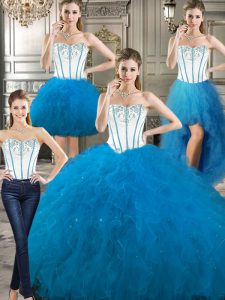 Beautiful Four Piece Embroidery and Ruffles Sweet 16 Quinceanera Dress Baby Blue Lace Up Sleeveless Floor Length