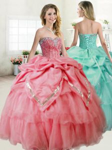 Floor Length Ball Gowns Sleeveless Watermelon Red Quince Ball Gowns Lace Up