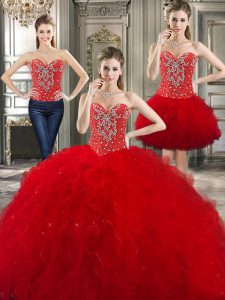 Three Piece Red Sweetheart Neckline Beading and Ruffles 15 Quinceanera Dress Sleeveless Lace Up