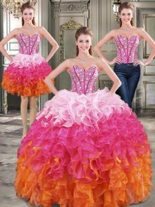 Custom Made Three Piece Sleeveless Floor Length Beading Lace Up Quinceanera Dress with Multi-color