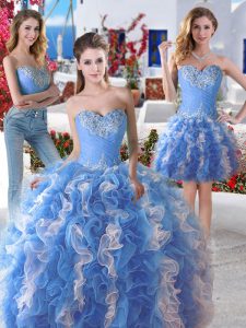 Three Piece Blue And White Lace Up Quinceanera Dress Beading Sleeveless Floor Length