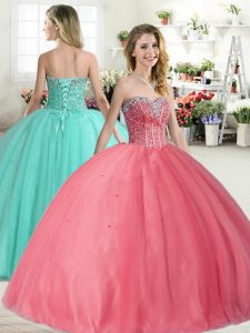Glamorous Beading Quinceanera Gowns Pink Lace Up Sleeveless Floor Length