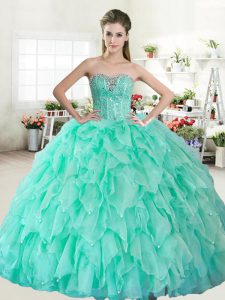 High Quality Sleeveless Organza Floor Length Lace Up Ball Gown Prom Dress in Apple Green with Beading