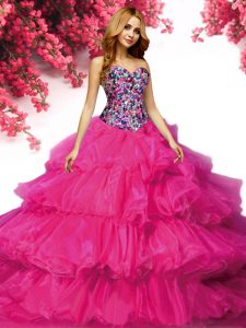 Sleeveless Organza Floor Length Lace Up Ball Gown Prom Dress in Fuchsia with Beading and Ruffled Layers