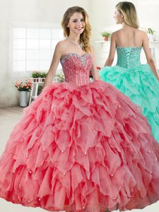 Floor Length Ball Gowns Sleeveless Watermelon Red and Coral Red Quinceanera Gowns Lace Up