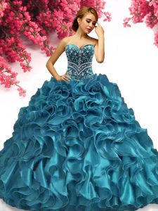 Teal Sleeveless Floor Length Beading and Ruffles Lace Up Quinceanera Gowns