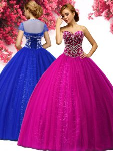 Affordable Sleeveless Floor Length Beading Lace Up Vestidos de Quinceanera with Fuchsia
