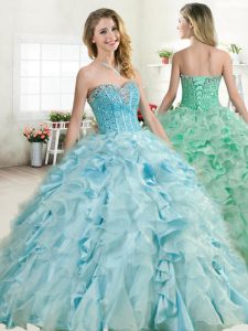Perfect Sleeveless Organza and Taffeta Floor Length Lace Up Quinceanera Gowns in Baby Blue with Beading and Ruffles