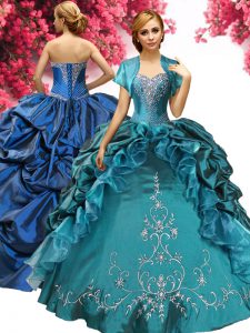 Floor Length Lace Up Sweet 16 Dresses Teal for Military Ball and Sweet 16 and Quinceanera with Beading and Embroidery and Pick Ups