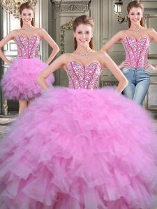 Ideal Three Piece Ball Gowns Sweet 16 Quinceanera Dress Lilac Sweetheart Tulle Sleeveless Floor Length Lace Up
