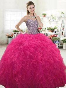 Fantastic Hot Pink Sweetheart Neckline Beading and Ruffles Sweet 16 Dress Sleeveless Lace Up