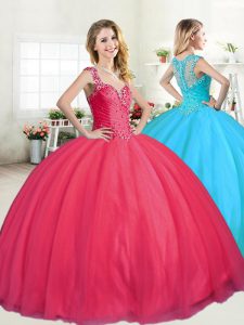 Superior Straps Coral Red Sleeveless Floor Length Beading Zipper Quinceanera Dress
