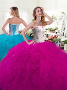 Fuchsia Ball Gowns Beading and Ruffles Quinceanera Dresses Lace Up Tulle Sleeveless Floor Length