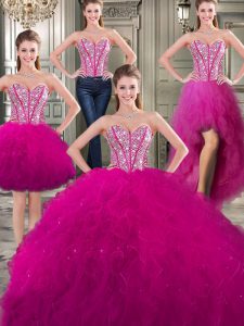 Three Piece Sweetheart Sleeveless Lace Up 15th Birthday Dress Fuchsia Tulle